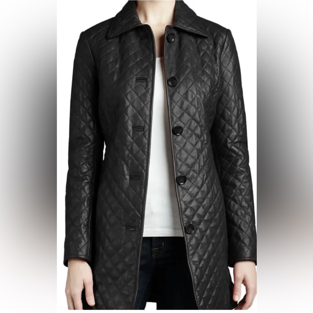 Neiman Marcus Quilted Black Leather Button-Front Jacket